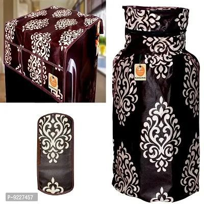 KANUSHI Industries? Washable Cotton Rose Design 1 Pc Lpg Gas Cylinder Cover+1Pc Fridge Cover/Refrigerator Cover+1 Pc Handle (CYL+FRI+1-Handle-Brown-Floral)-thumb0