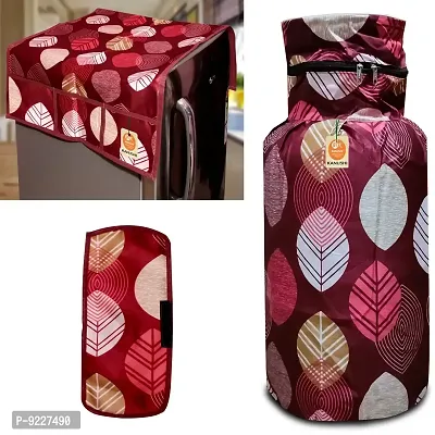 KANUSHI Industries? Washable Cotton Rose Design 1 Pc Lpg Gas Cylinder Cover+1Pc Fridge Cover/Refrigerator Cover+1 Pc Handle (CYL+FRI+1-Handle-Maroon-Long-LEVS)-thumb0