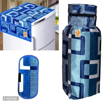 KANUSHI Industries? Washable Cotton Rose Design 1 Pc Lpg Gas Cylinder Cover+1Pc Fridge Cover/Refrigerator Cover+1 Pc Handle (CYL+FRI+1-Handle-Blue-Box)