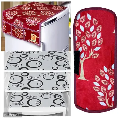 KANUSHI Industries? 1Pc Fridge Cover for Top with 6 Utility Pockets + 1 Handles Covers + 3 Fridge Mats (VAR-FRI-MAROON-TREE-COMBO-M-15)