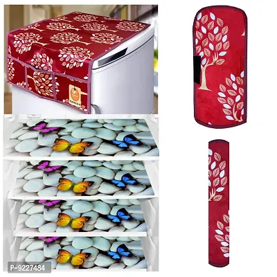 KANUSHI Industries? 1Pc Fridge Cover for Top with 6 Utility Pockets + 2 Handles Covers + 4 Fridge Mats (VAR-FRI-Maroon-Tree+2-Handle+M-27-04)