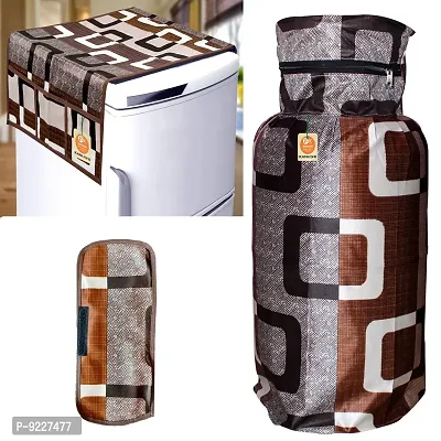 KANUSHI Industries? Washable Cotton Rose Design 1 Pc Lpg Gas Cylinder Cover+1Pc Fridge Cover/Refrigerator Cover+1 Pc Handle (CYL+FRI+1-Handle-Brown-Box)