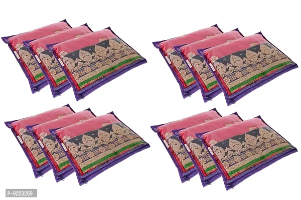 KANUSHI? Set of 12 Pc Transparent Plain Non Woven Fabric Saree Cover/Bag with Zip Combo (Purple)