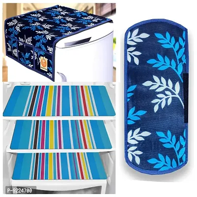 KANUSHI Industries? 1Pc Fridge Cover for Top with 6 Utility Pockets + 1 Handles Covers + 3 Fridge Mats (VAR-FRI-BLUE-SMALL-LEAVES-COMBO-M-1)