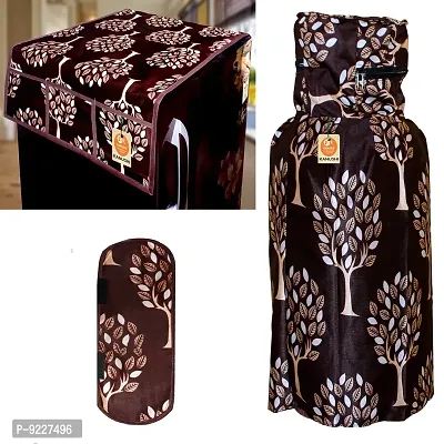 KANUSHI Industries? Washable Cotton Rose Design 1 Pc Lpg Gas Cylinder Cover+1Pc Fridge Cover/Refrigerator Cover+1 Pc Handle (CYL+FRI+1-Handle-Brown-Tree)