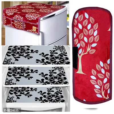 KANUSHI Industries? 1Pc Fridge Cover for Top with 6 Utility Pockets + 1 Handles Covers + 3 Fridge Mats (VAR-FRI-MAROON-TREE-COMBO-M-2)