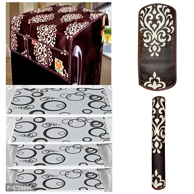 KANUSHI Industries? 1Pc Fridge Cover for Top with 6 Utility Pockets + 2 Handles Covers + 4 Fridge Mats (VAR-FRI-Brown-Floral+2-Handle+M-15-04)