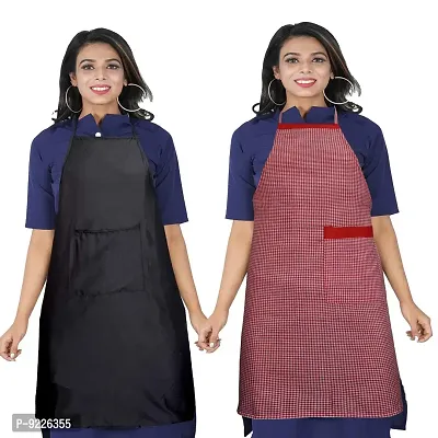 KANUSHI Industries Apron For Kitchen Waterproof With Side  Front Pocket- Set of 2 (VAR-APRN-1-PLAIN-BLACK+1-SCL-RED-SID)-thumb0