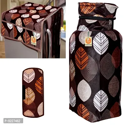 KANUSHI Industries? Washable Cotton Rose Design 1 Pc Lpg Gas Cylinder Cover+1Pc Fridge Cover/Refrigerator Cover+1 Pc Handle (CYL+FRI+1-Handle-Brown-Lond-LEVS)-thumb0