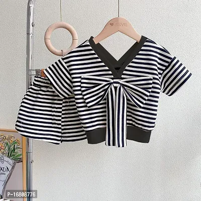 White and Black Striped Cotton Spandex Top and Skirt Set
