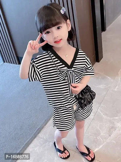 White and Black Striped Cotton Spandex Top and Skirt Set-thumb3