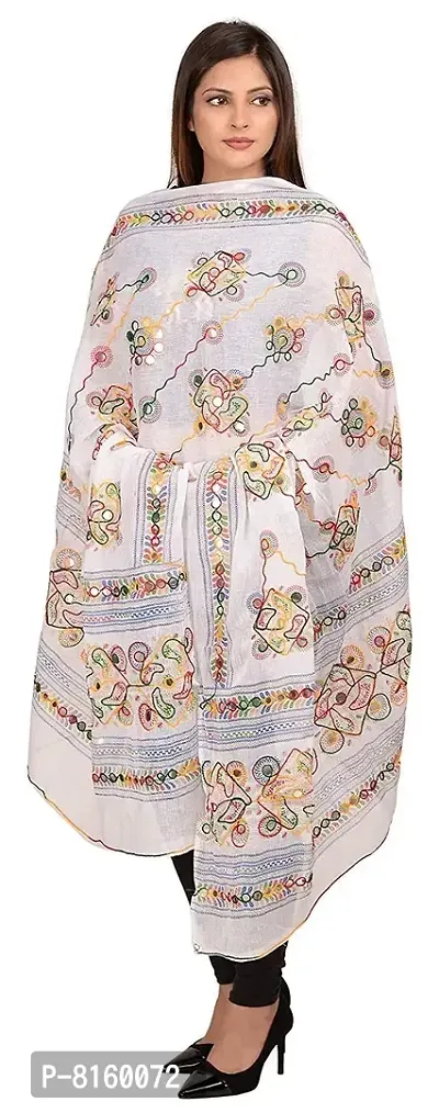 LX India Women's Cotton Embroidered Kutchi Dupatta Chakachak (white)-thumb2