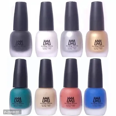 Premium Nail Polish Set - Combo of 8 Velvet Matte Nail Paint - Green, Blue, Nude, Peach, Black, White, Silver, Golden - 12 ml each bottle (MM# 15-21)