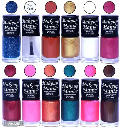HD Colors Nail Polish Set Of 12 Pieces, Perfect Gift For Girls (Blue, Glitter, Top Coat, Red, Golden, White Base, Pink, Copper, Green, Brown)