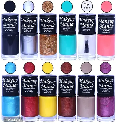 HD Colors Nail Polish Set Of 12 Pieces, Perfect Gift For Girls (Black, Silver, Golden, Turquoise, Top Coat, Pink, Blue Shimmer, Yellow, Copper, Nude)