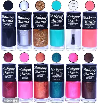 HD Colors Nail Polish Set Of 12 Pieces, Perfect Gift For Girls (Black, Silver, Golden, Turquoise, Top Coat, Copper, Green, Brown)