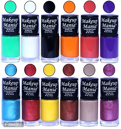 HD Colors Nail Polish Set Of 12 Pieces, Perfect Gift For Girls (Parrot Green, White Base, Black, Orange, Coral Red, Blue, Copper, Yellow, Dusky Nude, Purple)