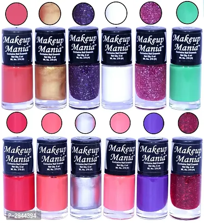 HD Colors Nail Polish Set Of 12 Pieces, Perfect Gift For Girls (Coral Peach, Golden, Blue Glitter, White, Pink, Sea Green, Coral Red, Silver, Purple, Red Zari)