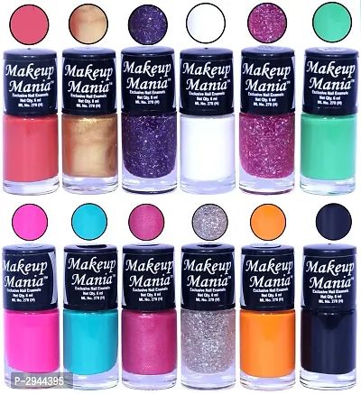 HD Colors Nail Polish Set Of 12 Pieces, Perfect Gift For Girls (Coral Peach, Golden, Blue Glitter, White, Pink, Sea Green, Pink, Turquoise, Silver, Light Orange, Proper Black)-thumb0