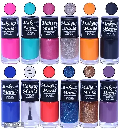 HD Colors Nail Polish Set Of 12 Pieces, Perfect Gift For Girls (Pink, Turquoise, Silver, Orange, Proper Black, Royal Blue, Top Coat, Coral Orange, Golden Zari, Light Purple)