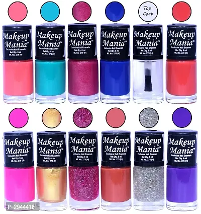 HD Colors Nail Polish Set Of 12 Pieces, Perfect Gift For Girls (Coral Pink, Turquoise, Red, Blue, Top Coat, Orange, Pink, Golden, Light Brown, Silver, Purple)-thumb0