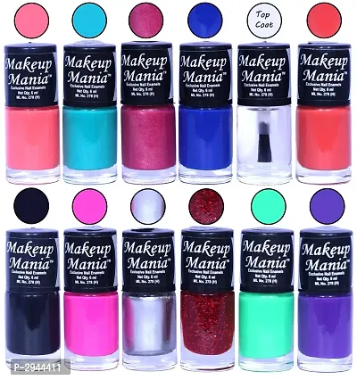 HD Colors Nail Polish Set Of 12 Pieces, Perfect Gift For Girls (Carrot Pink, Turquoise, Blue, Top Coat, Orange, Black, Pink, Silver, Red Glitter, Sea Green, Purple)