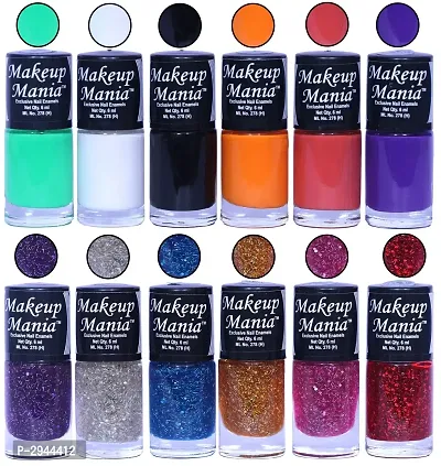 HD Colors Nail Polish Set Of 12 Pieces, Perfect Gift For Girls (Sea Green, White Base, Black, Orange, Coral Red, Purple, 6 Zari Shades)