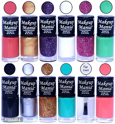 HD Colors Nail Polish Set Of 12 Pieces, Perfect Gift For Girls (Coral Red, Golden, Blue Glitter, White, Pink Glitter, Green, Black, Silver, Golden, Turquoise, Top Coat, Pink)-thumb0