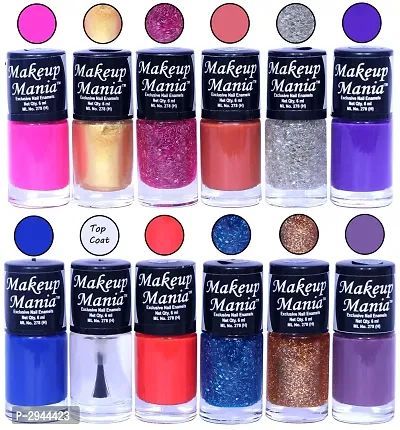 HD Colors Nail Polish Set Of 12 Pieces, Perfect Gift For Girls (Pink, Golden, Glitter, Light Brown, Silver, Purple, Blue, Top Coat, Coral Red, Golden)-thumb0