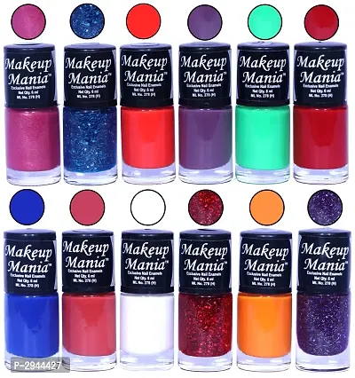 HD Colors Nail Polish Set Of 12 Pieces, Perfect Gift For Girls (Dark Pink Sparkle, Blue Glitter, Orange, Purple, Light Green, Maroon, Blue, White Base, Red, Light Orange)