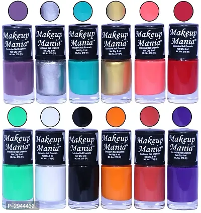 HD Colors Nail Polish Set Of 12 Pieces, Perfect Gift For Girls (Purple, Silver, Turquoise, Golden, Bright Pink, Red, Sea Green, White Base, Black, Light Orange, Coral Red, Blue)-thumb0