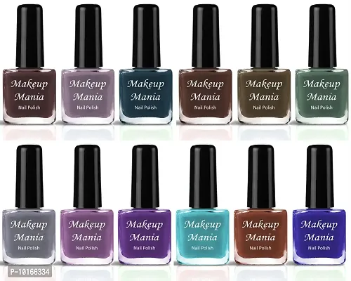 Makeup Mania Nail Paint Colours, High Pigment, Shining Nail Polish Set of 12 Pcs  Brown, Purple, Mauve, Sky Blue, Light Purple