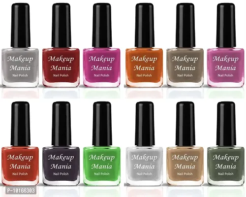 Makeup Mania High-Shine Long Lasting Non Toxic Professional Nail Polish Set of 12 Pcs  White, Green, Grey, Silver, Red, Pink, Orange