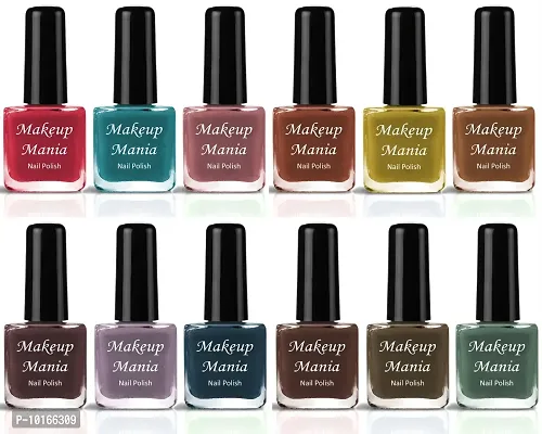 Makeup Mania No Chipping-No Fading Longest Lasting Ever Nail Polish Set of 12 Pcs  Brown, Dark Green, Red, Mauve, Yellow, Nude