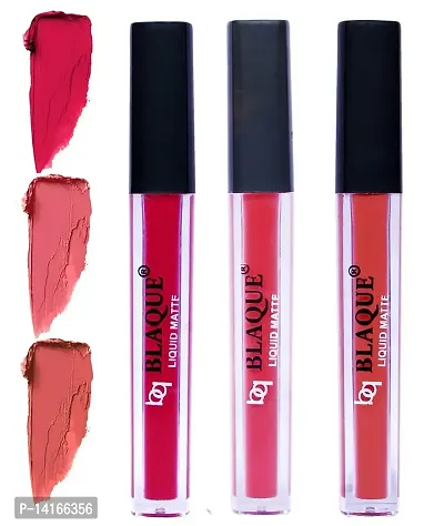 bq BLAQUE? Matte Liquid Lipstick Combo of 3 Lip Color 4ml each, Long Lasting  Waterproof - Ruby Red, Pinkish Peach, Dark Coral