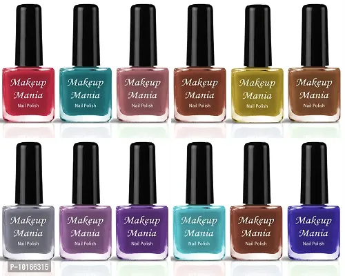 Makeup Mania Rich Color Nail Polish Long Lasting HD Shine Latest Shades Set of 12 Pcs  Grey, Purple, Brown, Red, Mauve, Yellow, Nude