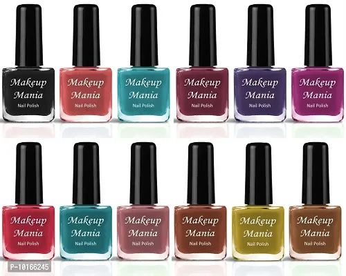 Makeup Mania No Chipping-No Fading Longest Lasting Ever Nail Polish Set of 12 Pcs  Black, Green, Purple, Red, Yellow