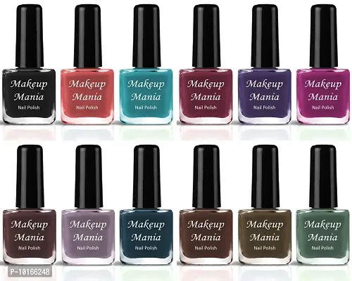 Makeup Mania Rich Color Nail Polish Long Lasting HD Shine Latest Shades Set of 12 Pcs  Black, Green, Purple, Brown, Light Green