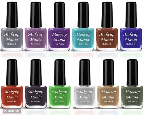 Makeup Mania Color Rich Toxic Free Perfection Shine Nail Polish Set of 12 Pcs  Red, White, Purple, Green, Nude, Grey-thumb0
