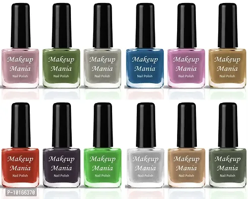 Makeup Mania High-Shine Long Lasting Non Toxic Professional Nail Polish Set of 12 Pcs  Pink, Green, Blue, White, Red, Grey, Mauve