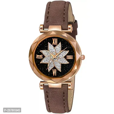 Medboo Black Flower Dial Brown Leather Belt Women Watch-thumb2