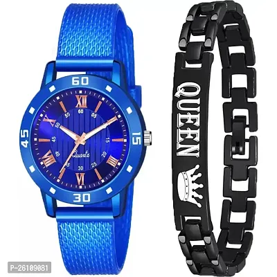 Stylish Blue Synthetic Leather Analog Watch With Bracelet For Women