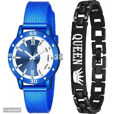 Stylish Blue Synthetic Leather Analog Watch With Bracelet For Women