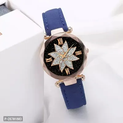 Medboo Black Flower Dial Blue Leather Belt Women Watch-thumb2