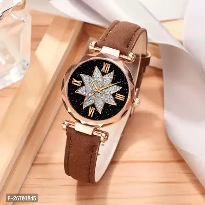 Medboo Black Flower Dial Brown Leather Belt Women Watch-thumb0