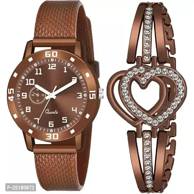 Stylish Brown Synthetic Leather Analog Watch With Bracelet For Women