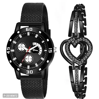 Stylish Black Synthetic Leather Analog Watch With Bracelet For Women