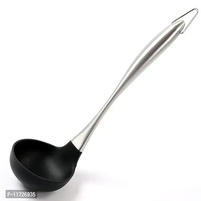 Baskety Silicone Soup Ladle High Temperature Resistant to 480°F Sanitary Design Non-Stick Pan(Silicone Soup Ladle Handle Stainless Steel) Black Pack of 1