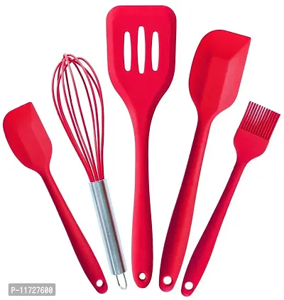 Ramkuwar Silicone Baking Utensils Set Includes Spatula, Whisk, Brush, Spoon, Scraper (5-Piece, Red)