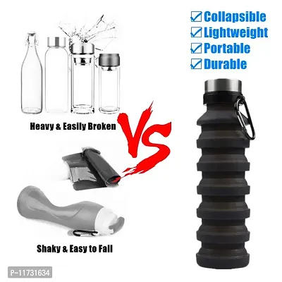 Baskety Collapsible Water Bottle, Reusable BPA Free Silicone Foldable Water Bottles for Travel Gym Camping Hiking, Portable Leak Proof Sports Water Bottle with Carabiner, 550ml (Black, Pack of 1)-thumb3